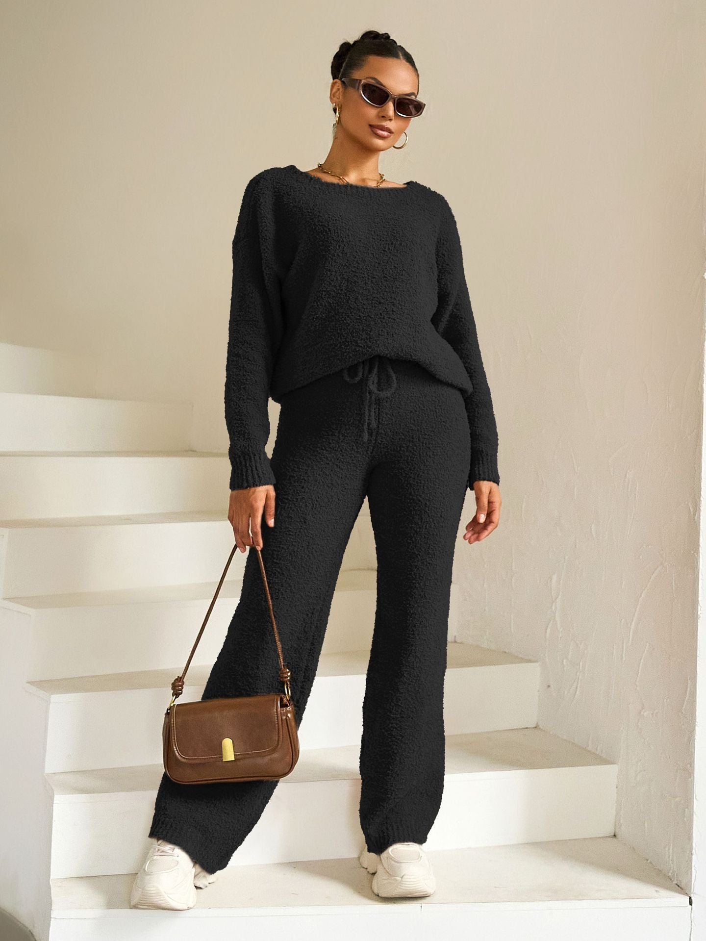 Autumn Winter Solid Color Women round Neck Long Sleeve Trousers Thick Warm Sets Black