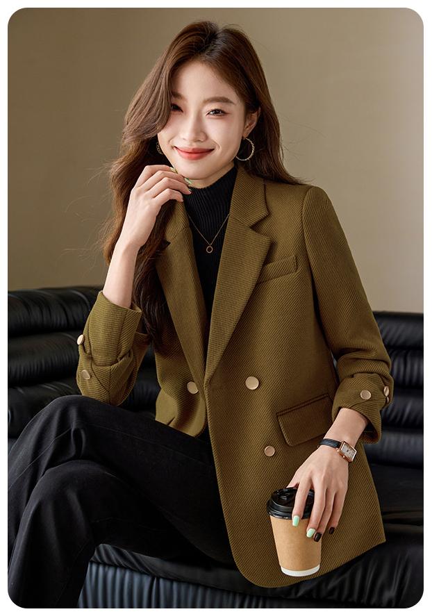 Red Woolen Blazer Women Spring Autumn Small Professional Office Mid Length Top Brown Suit