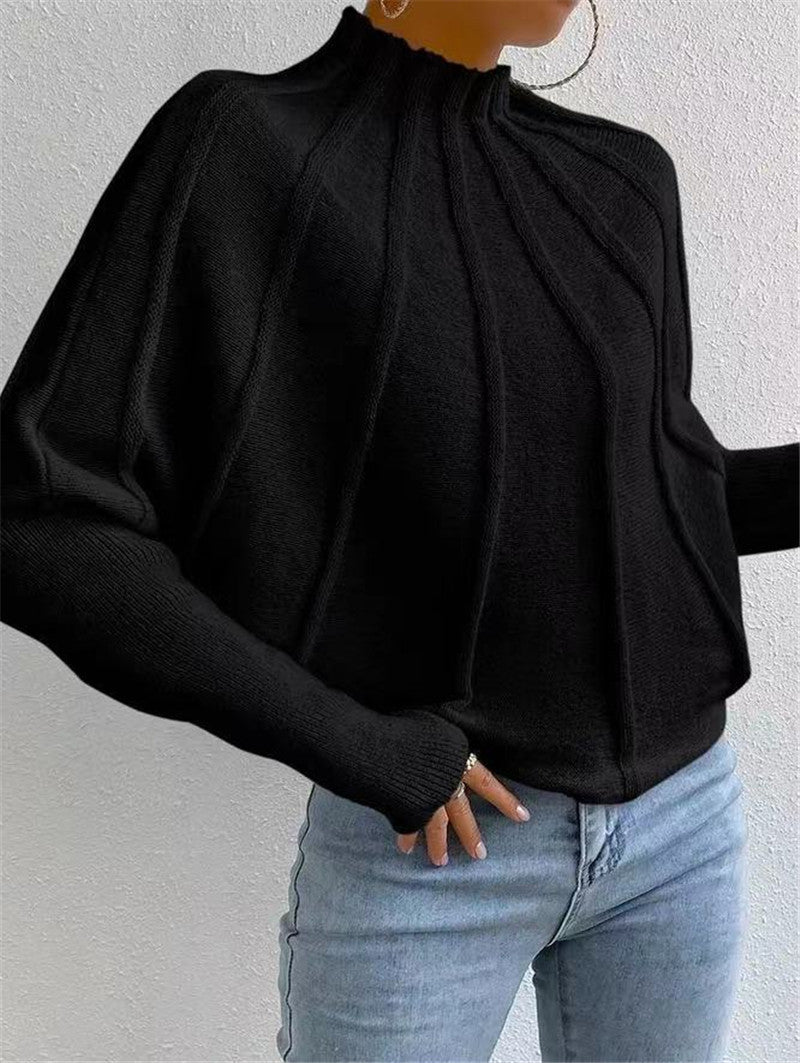 Half Turtleneck Solid Color All Matching Knitted Pullover Batwing Sleeve Sweater Outerwear Women