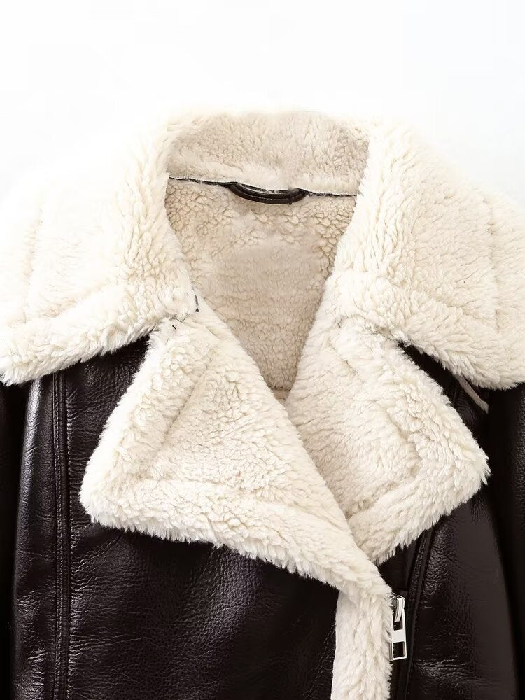 Winter Women Clothing Collared Faux Shearling Jacket Fleece Double Sided Short Jacket