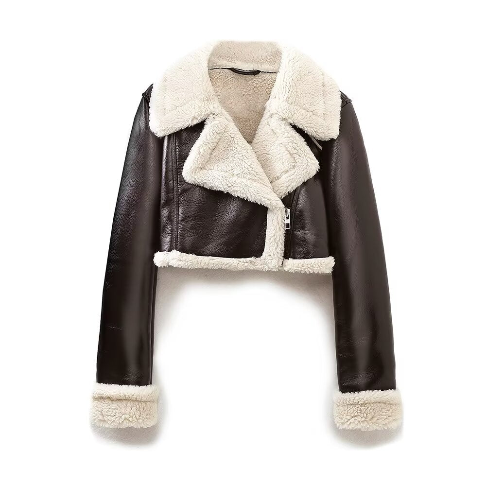 Winter Women Clothing Collared Faux Shearling Jacket Fleece Double Sided Short Jacket Coffee