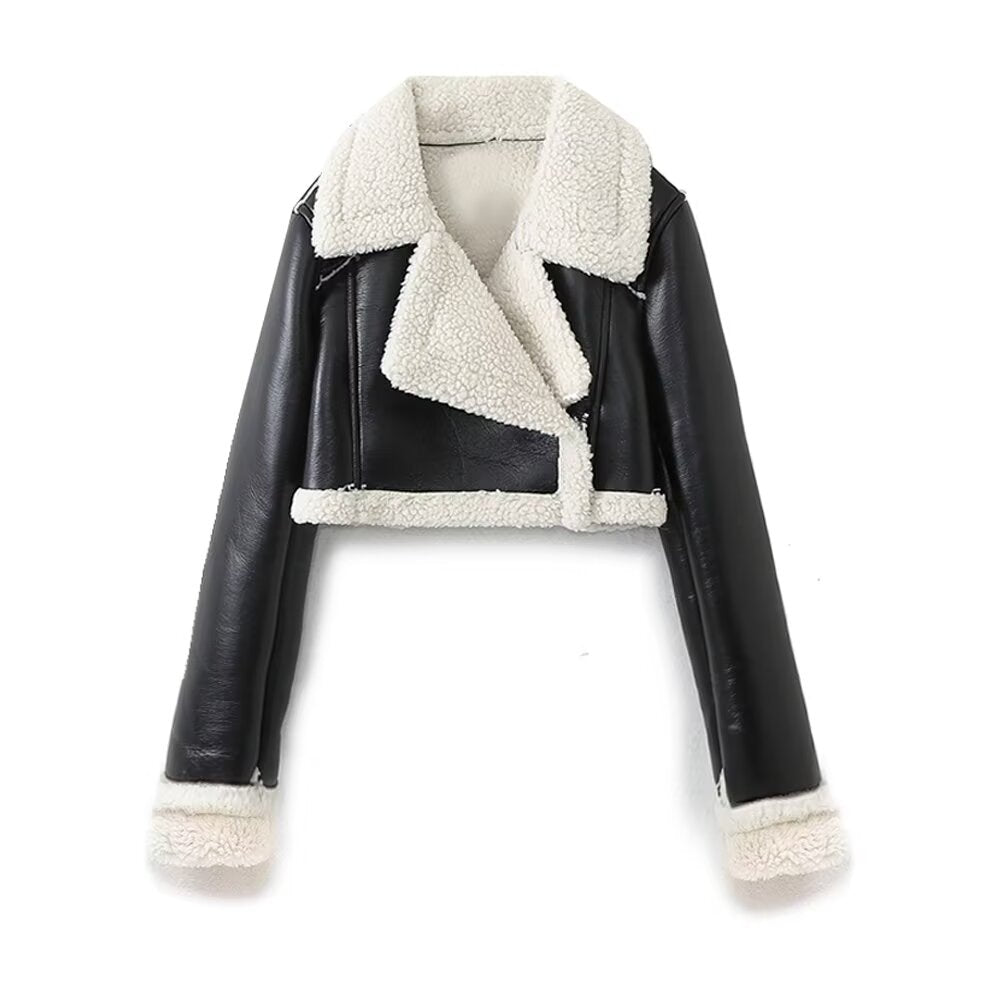 Winter Women Clothing Collared Faux Shearling Jacket Fleece Double Sided Short Jacket Black