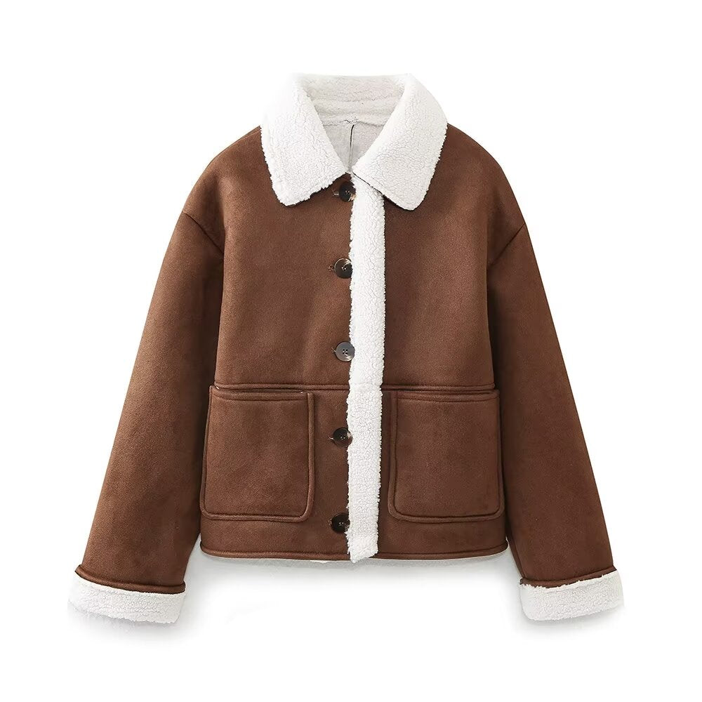 Women Clothing Autumn Winter Loose Lapels Warm Lamb Wool Double Sided Jacket Women Jacket