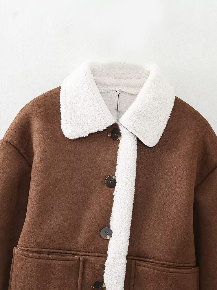 Women Clothing Autumn Winter Loose Lapels Warm Lamb Wool Double Sided Jacket Women Jacket