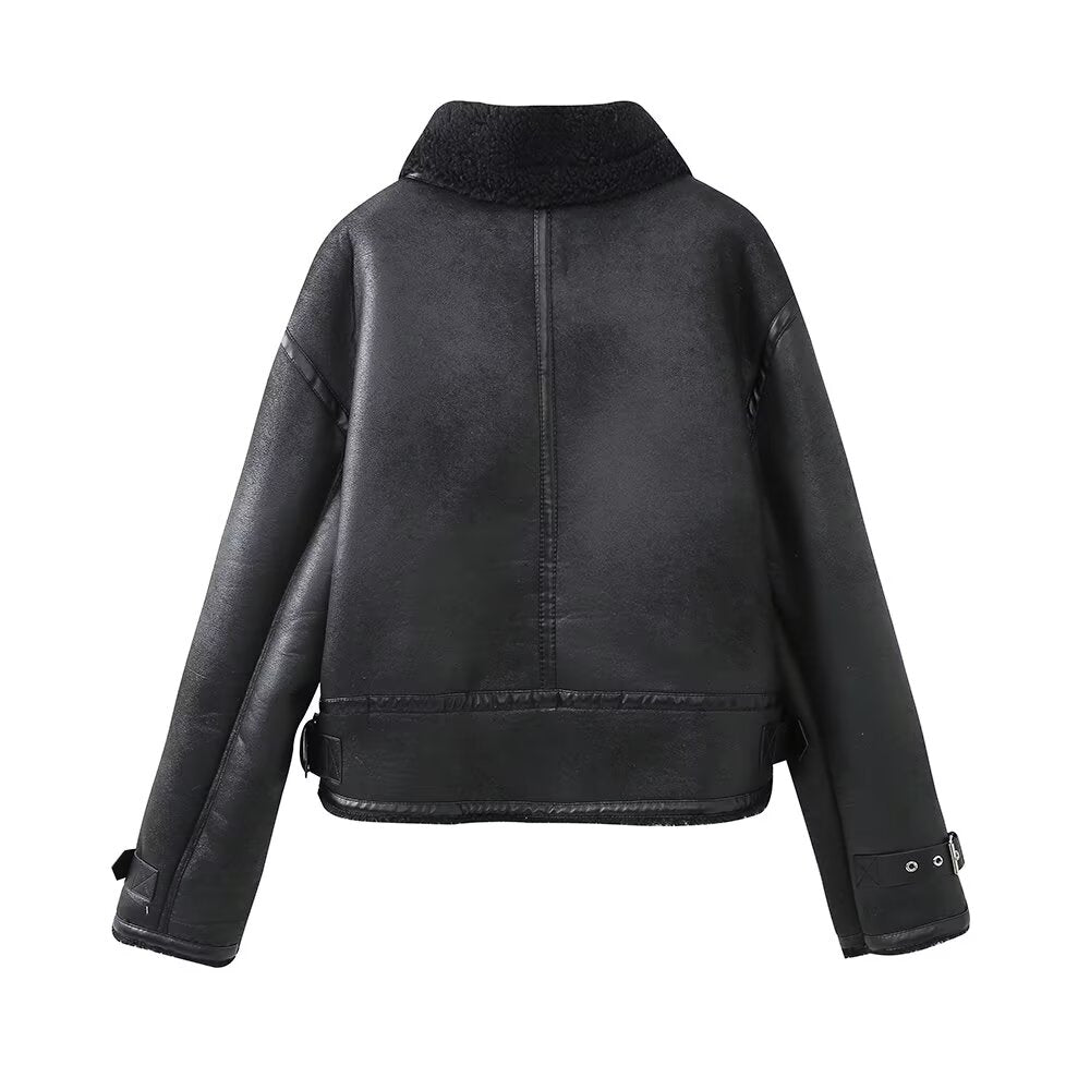 Women Clothing Autumn Winter with Belt Faux Shearling Jacket Double Sided Jacket