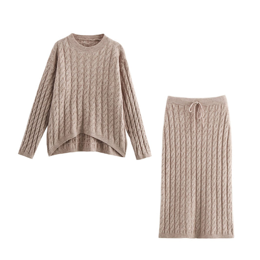 Women Clothing Winter round Neck Cable Knit Pullover Long Sleeve Sweaters Mid Length Skirt Set