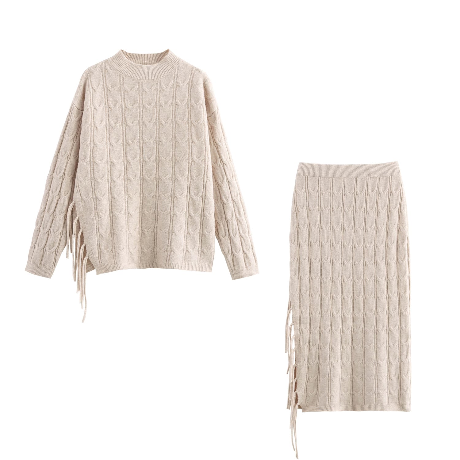 Women Clothing Winter Tassel Knitted Sweater Plait Cardigan Mid Length Skirt Set