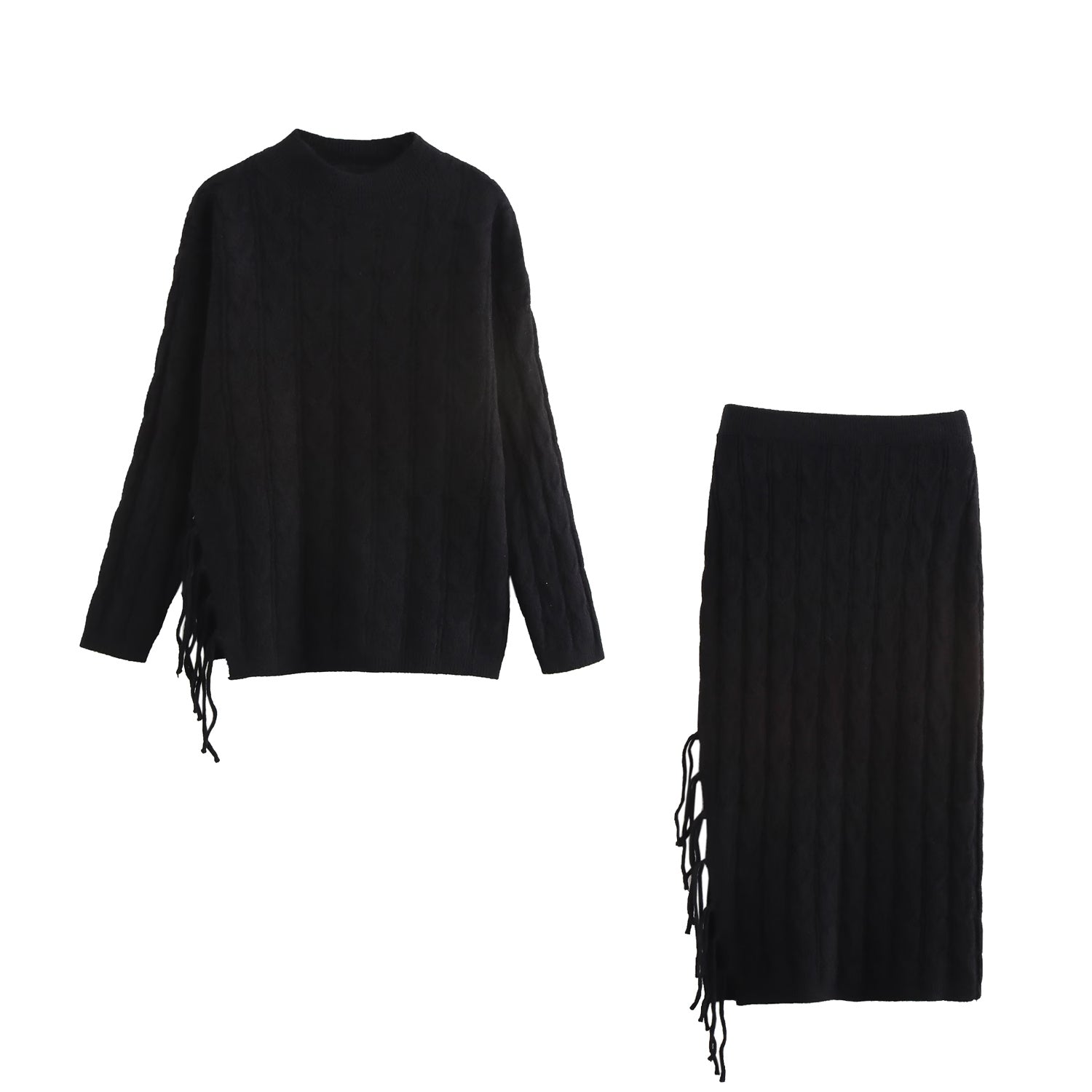 Women Clothing Winter Tassel Knitted Sweater Plait Cardigan Mid Length Skirt Set