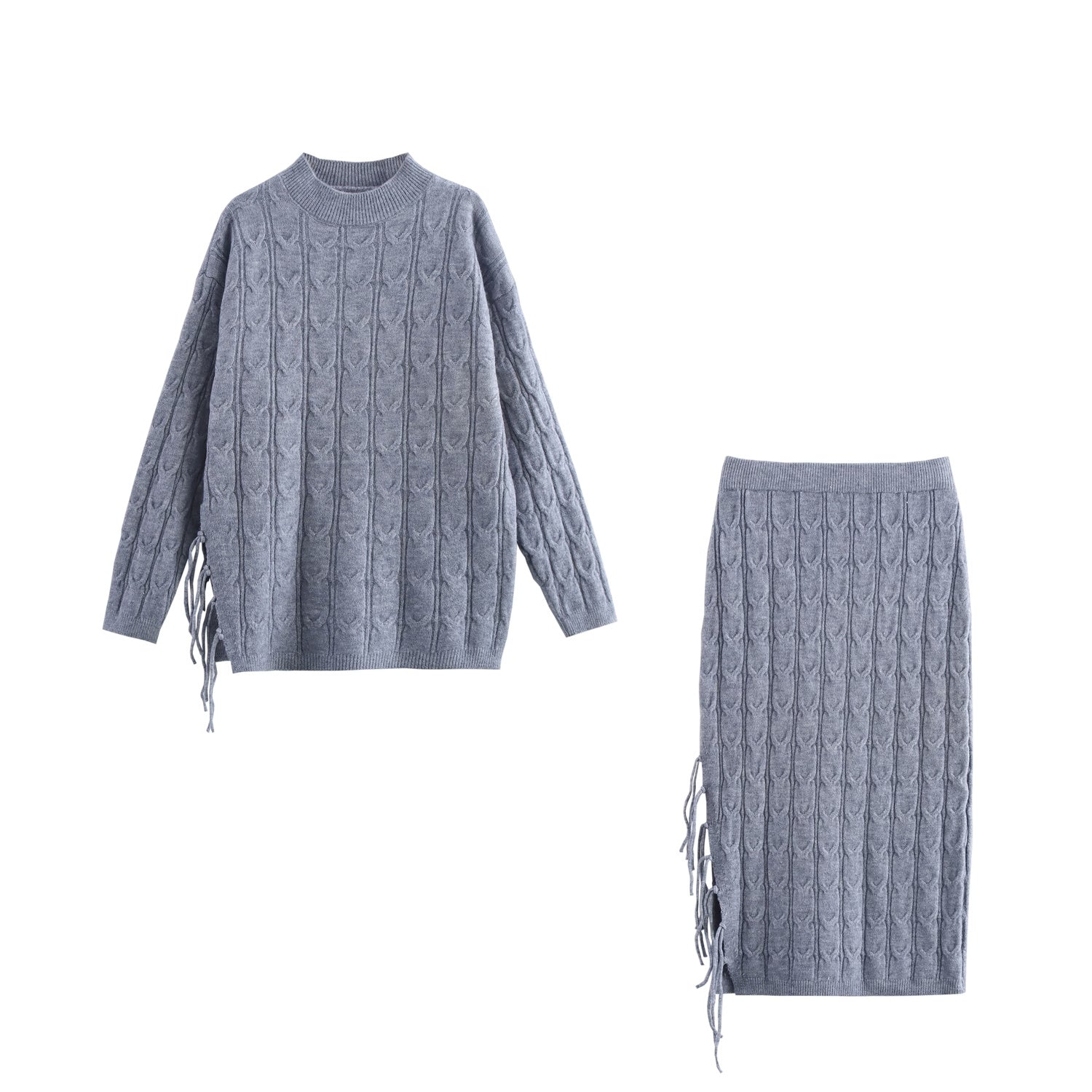 Women Clothing Winter Tassel Knitted Sweater Plait Cardigan Mid Length Skirt Set One Size Gray