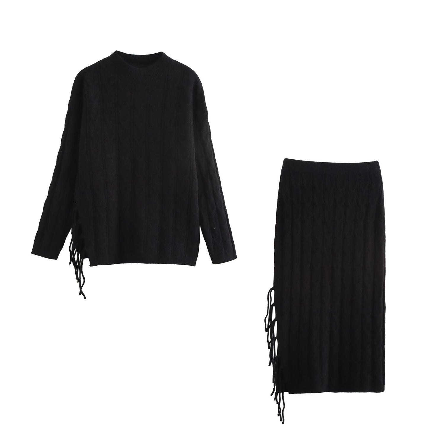 Women Clothing Winter Tassel Knitted Sweater Plait Cardigan Mid Length Skirt Set One Size Black