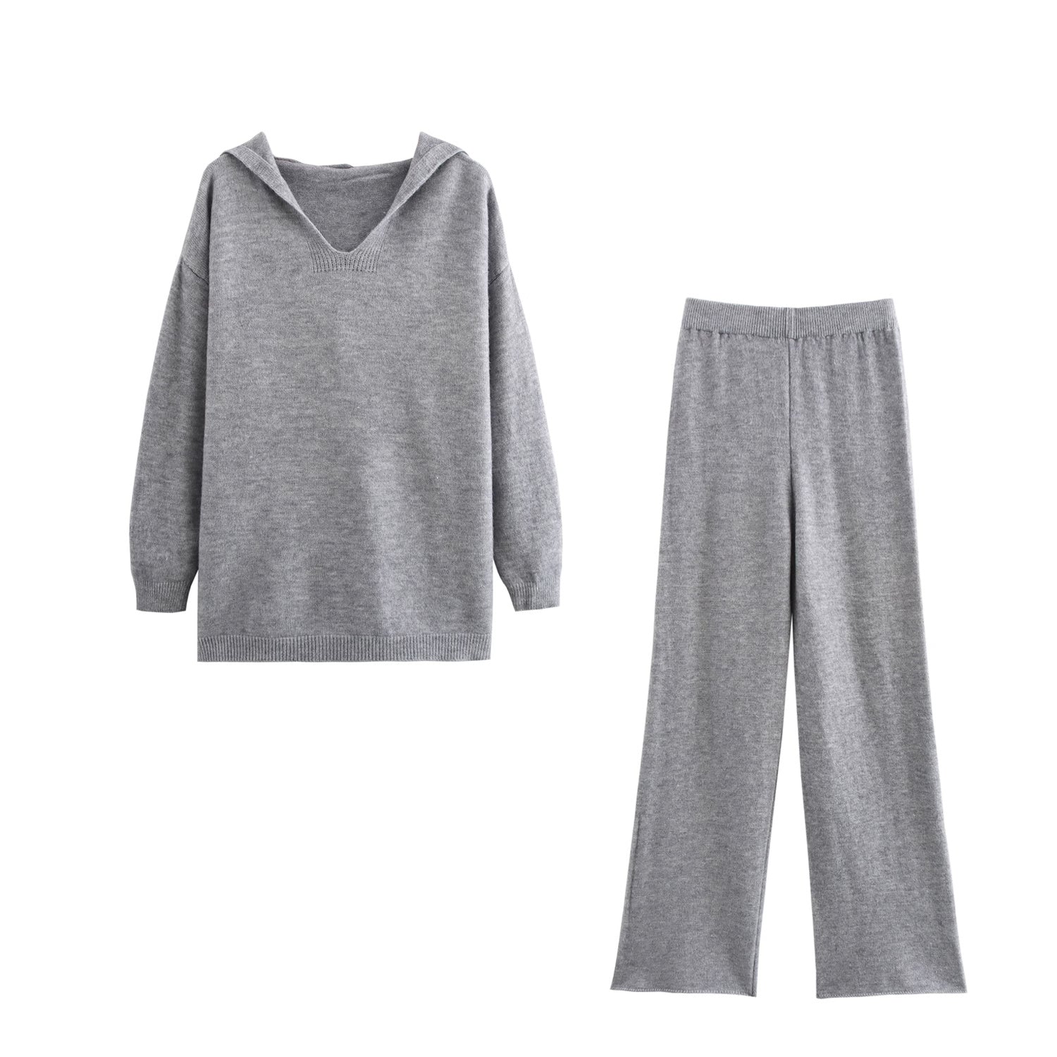 Hooded Pullover Knitwear Wide Leg Pants Suit Two Piece Set