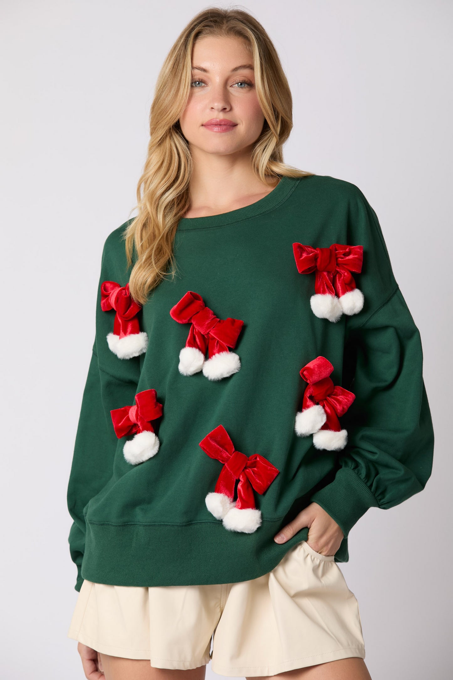 Autumn Winter Christmas Bow Decoration Top Casual Long Sleeve Pullover Hoodie blackish green