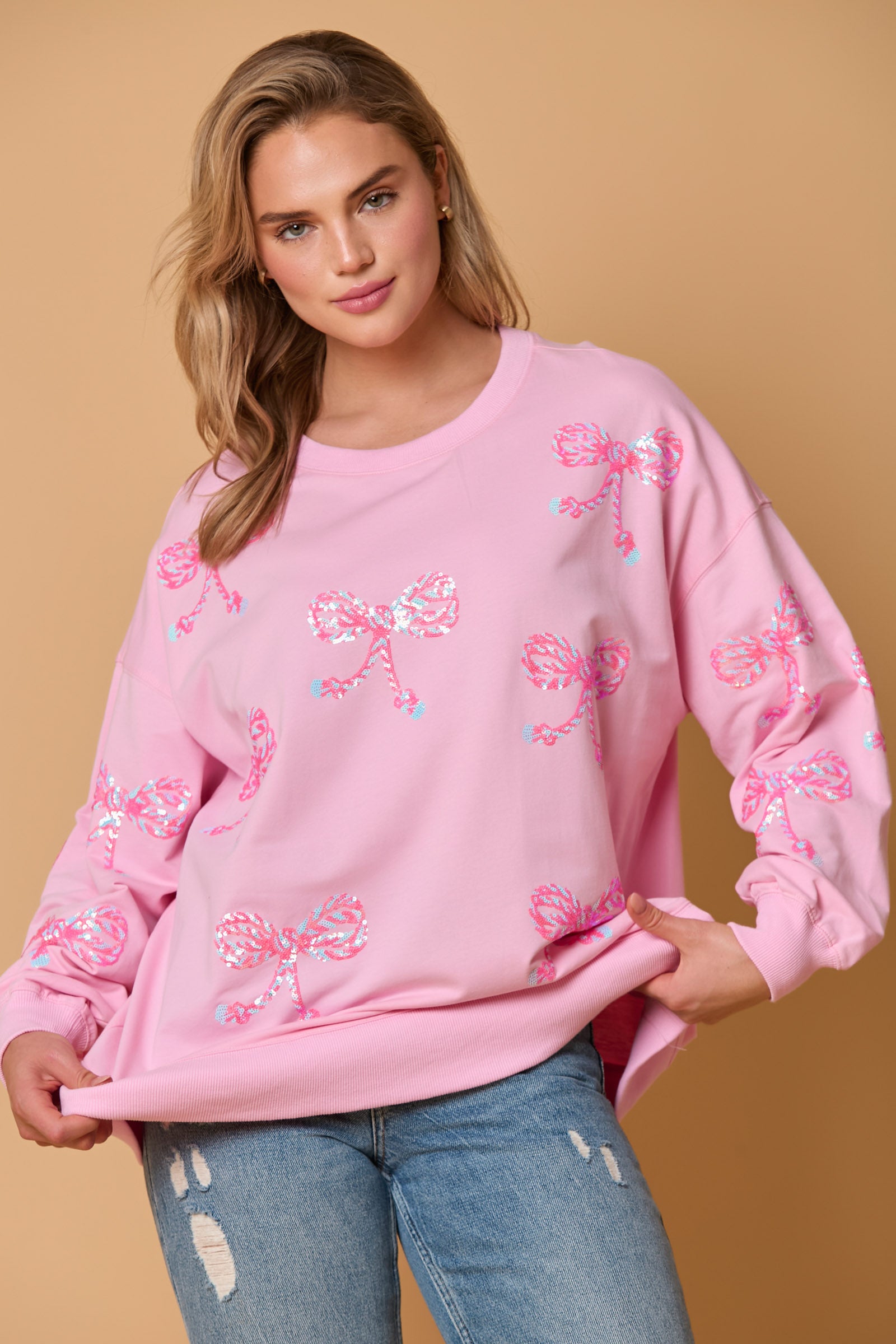 Autumn Winter Women Clothing Bow Sequined Top Casual Loose Long Sleeve Sweatershirt Women Pink