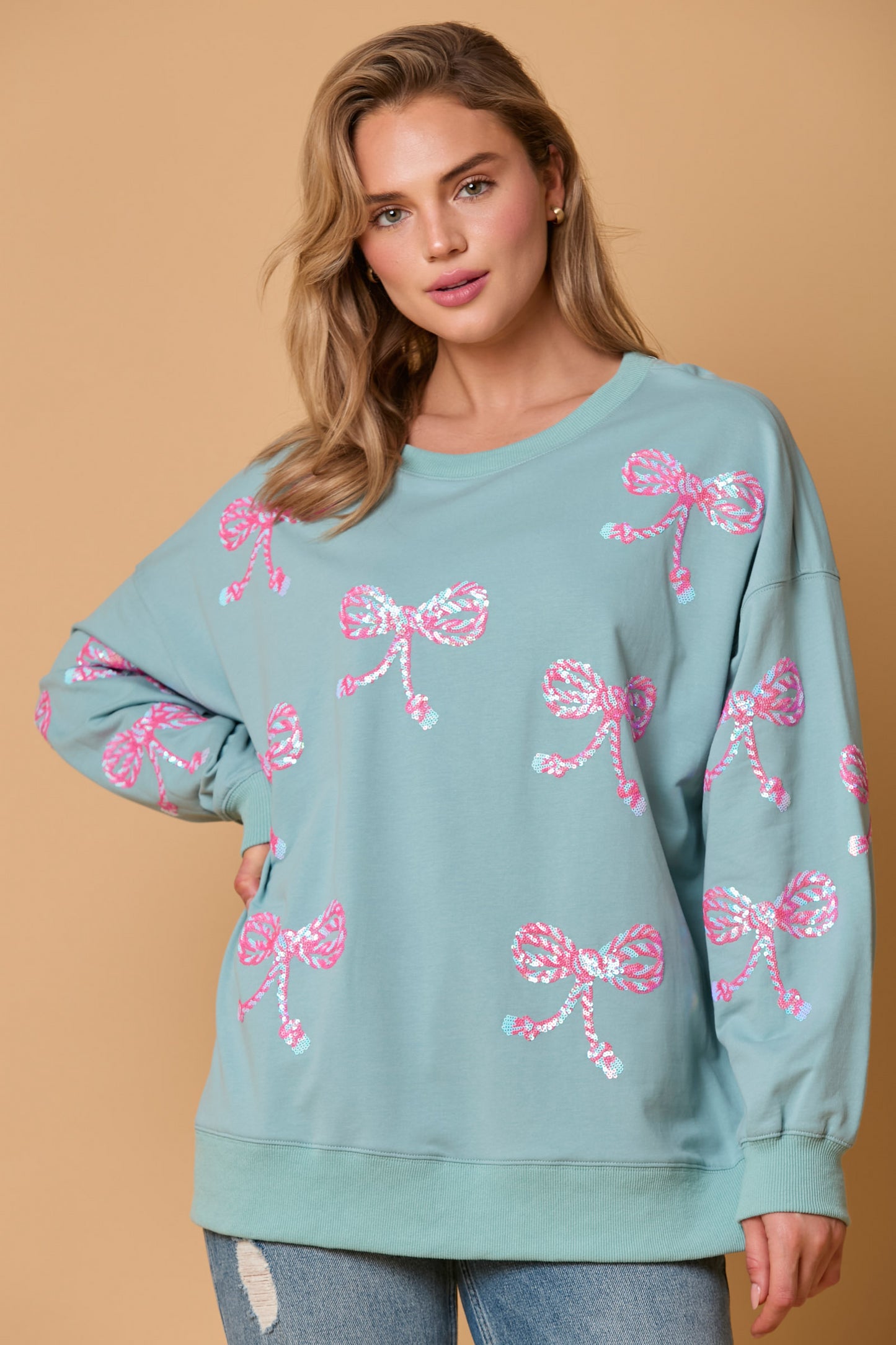 Autumn Winter Women Clothing Bow Sequined Top Casual Loose Long Sleeve Sweatershirt Women Turquoise