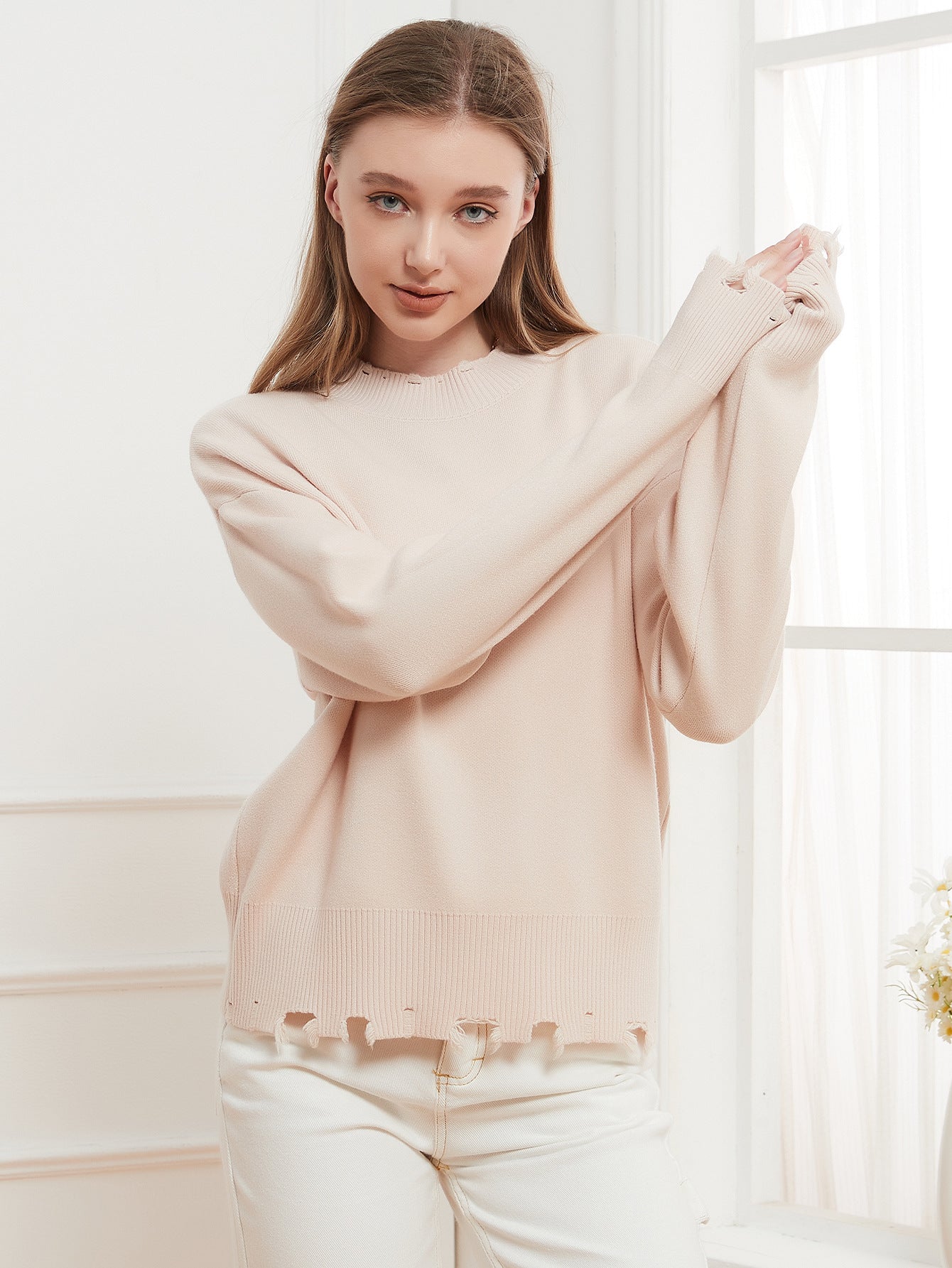 Round Neck Solid Color Hollow Out Cutout out Frayed Casual Simple Sweater Knitted Pullover Apricot