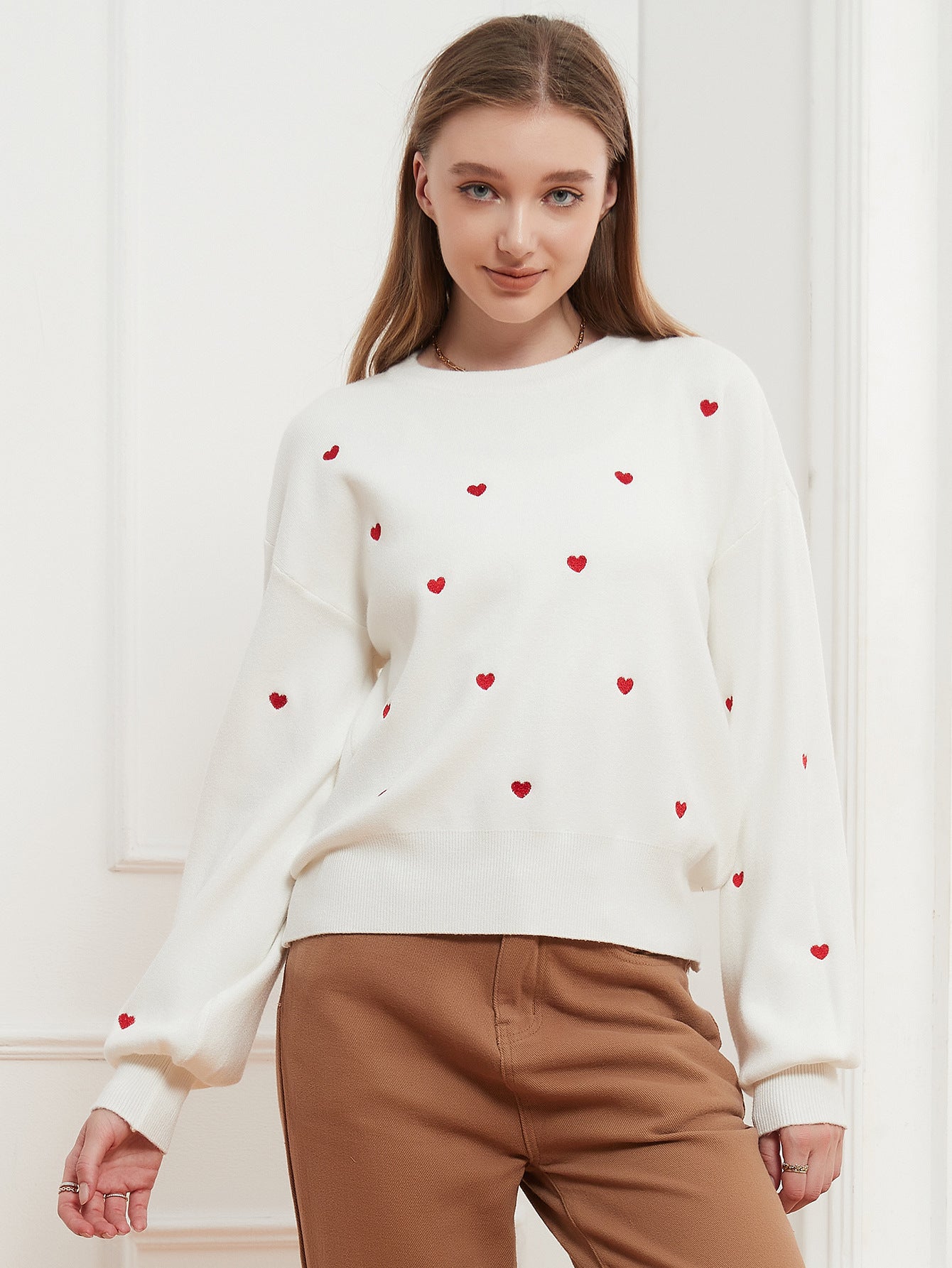 Round Neck Lantern Sleeve Solid Color Love Sweet Simple Sweaters Pullover White