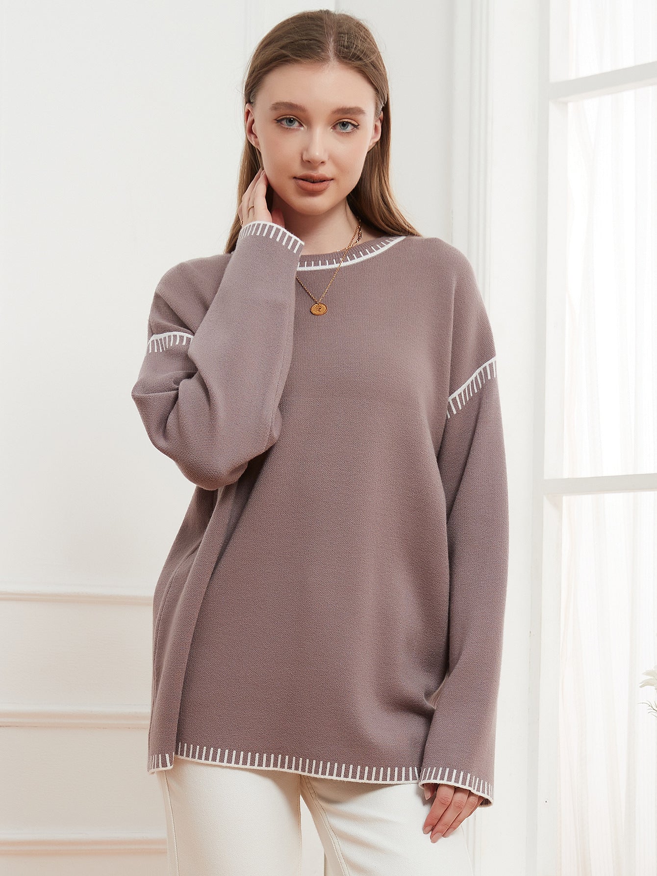 Round Neck Stitching Casual Sweaters Women Pullover camel