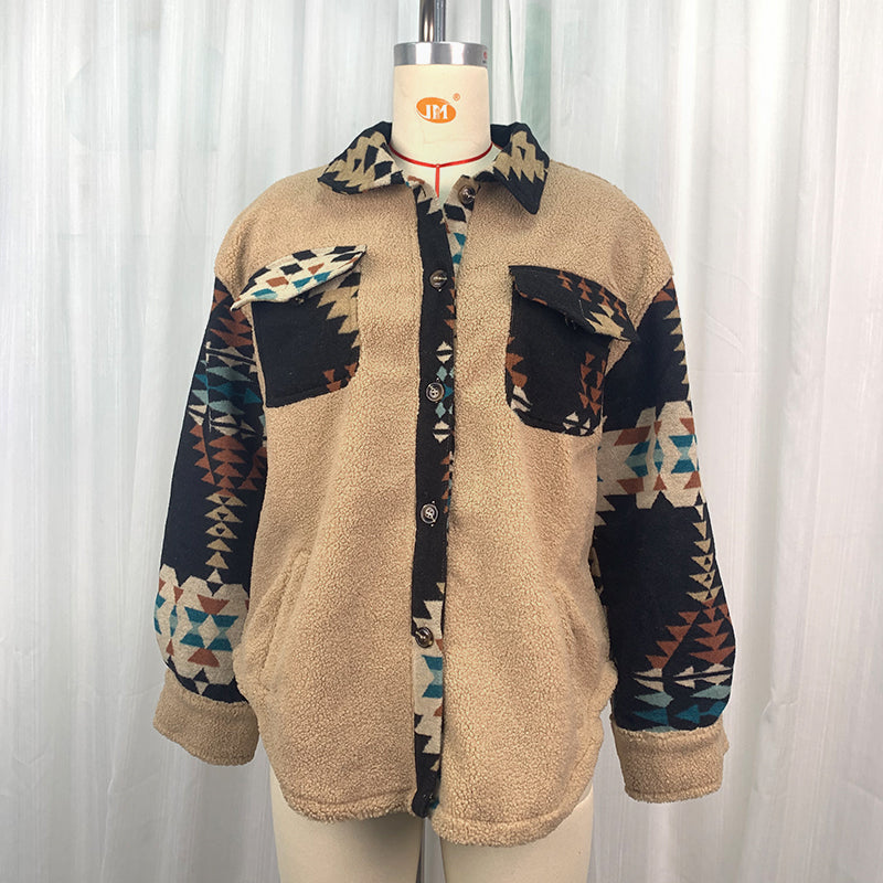 Loose Women Autumn Winter Lamb Wool Coat Aztec Printed Top Khaki