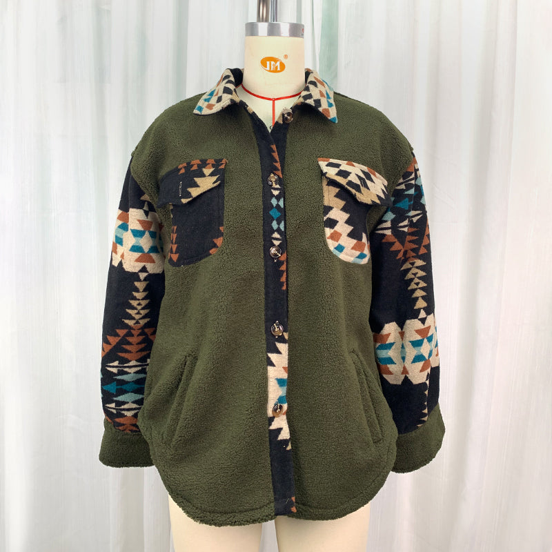 Loose Women Autumn Winter Lamb Wool Coat Aztec Printed Top Army Green