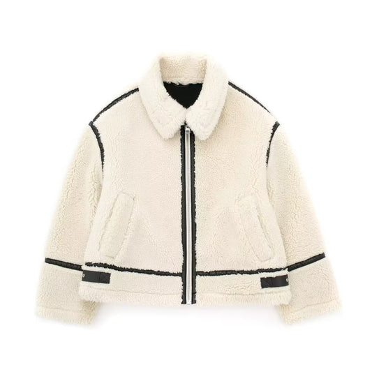 Women Clothing Fur Jacket Collared Contrast Color Casual Warm Jacket