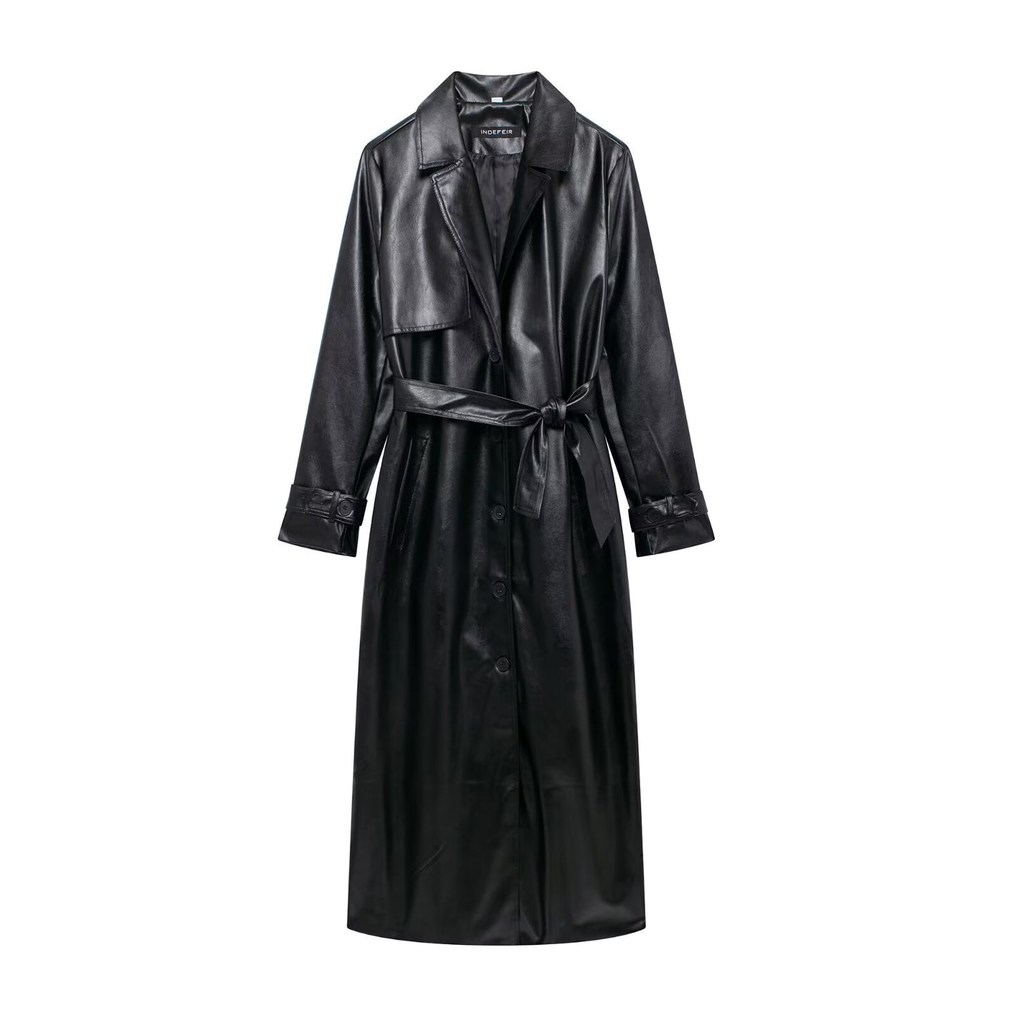 Women Clothing Women Motorcycle Long Leather Coat Waistband Long Leather Coat Black