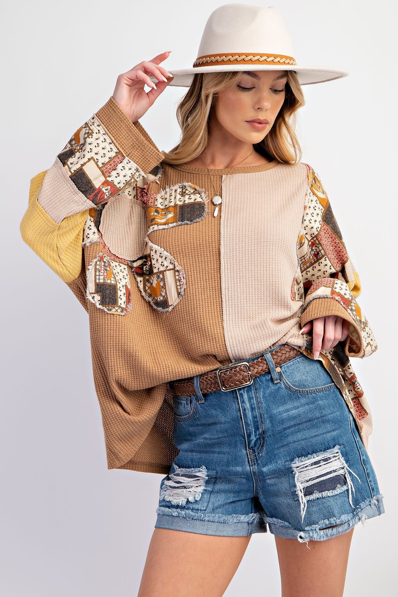 Autumn Winter Women Clothing Printing Color Contrast Waffle Top Casual Loose Sweatshirt Women Brown series