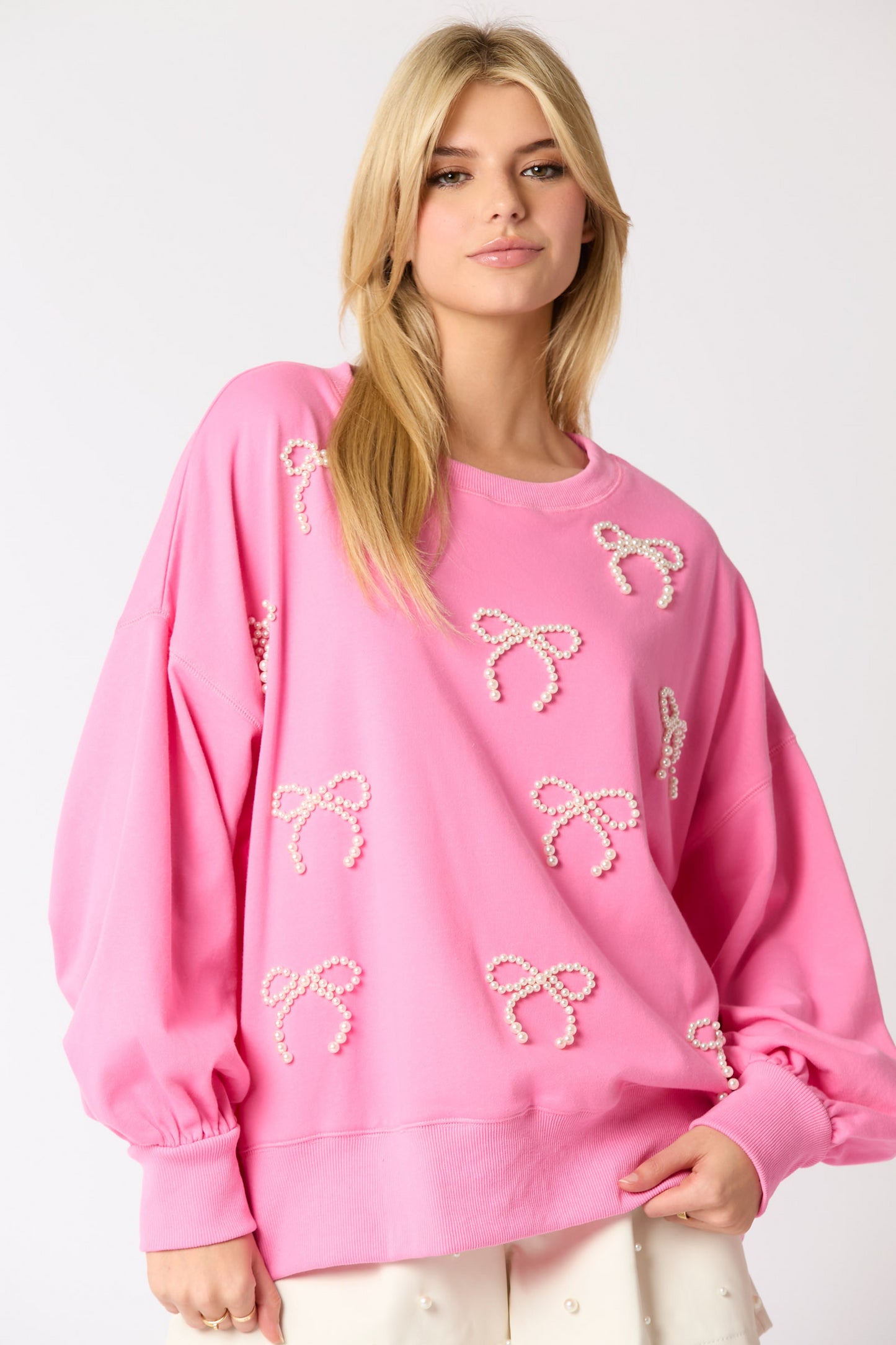 Autumn Winter Women Pearl Bow Decoration Long Sleeved Top Casual Sweatshirt Pink