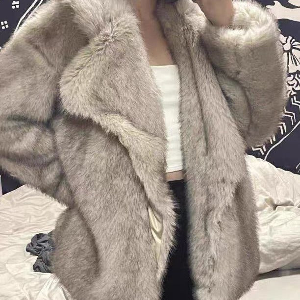 Toka Faux Fox Fur Fur Coat Women Mid Length Elegant Collared Loose Internet Plush Coat Beige Gray