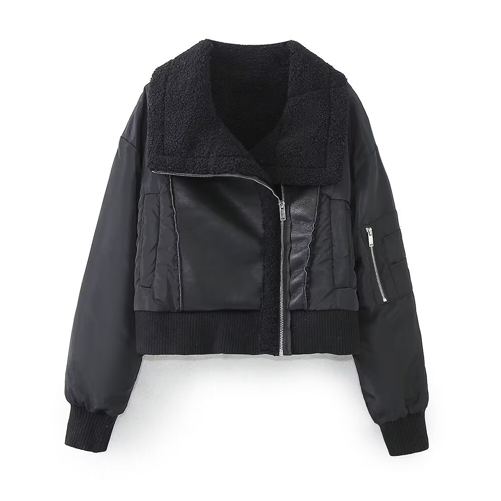 Women Clothing Autumn Winter Street Collared Patchwork Double Sided Jacket Black