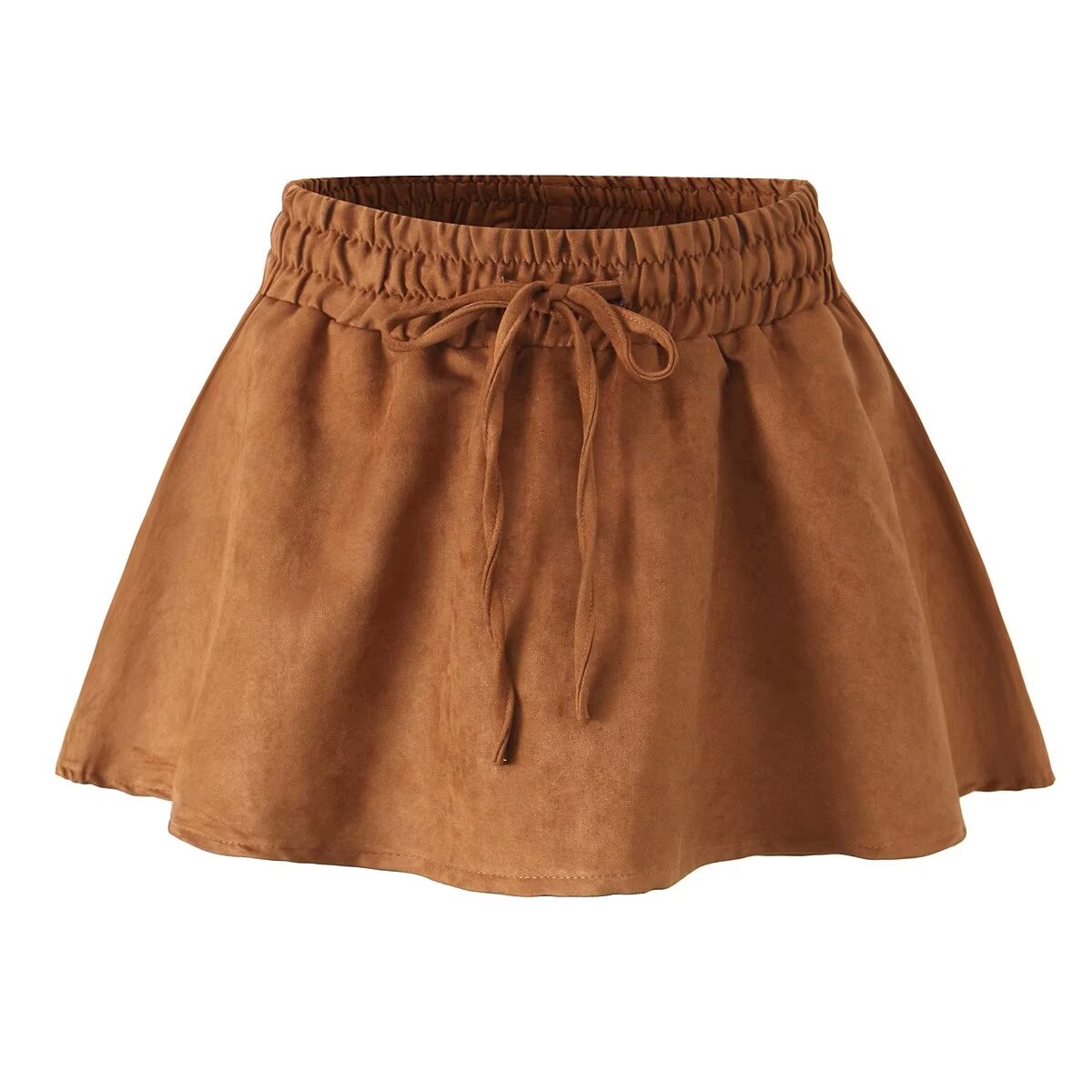 Retro Elastic Waist Suede Pettiskirt with Safety Pants Skirt Autumn High Waist Lace up Skirt