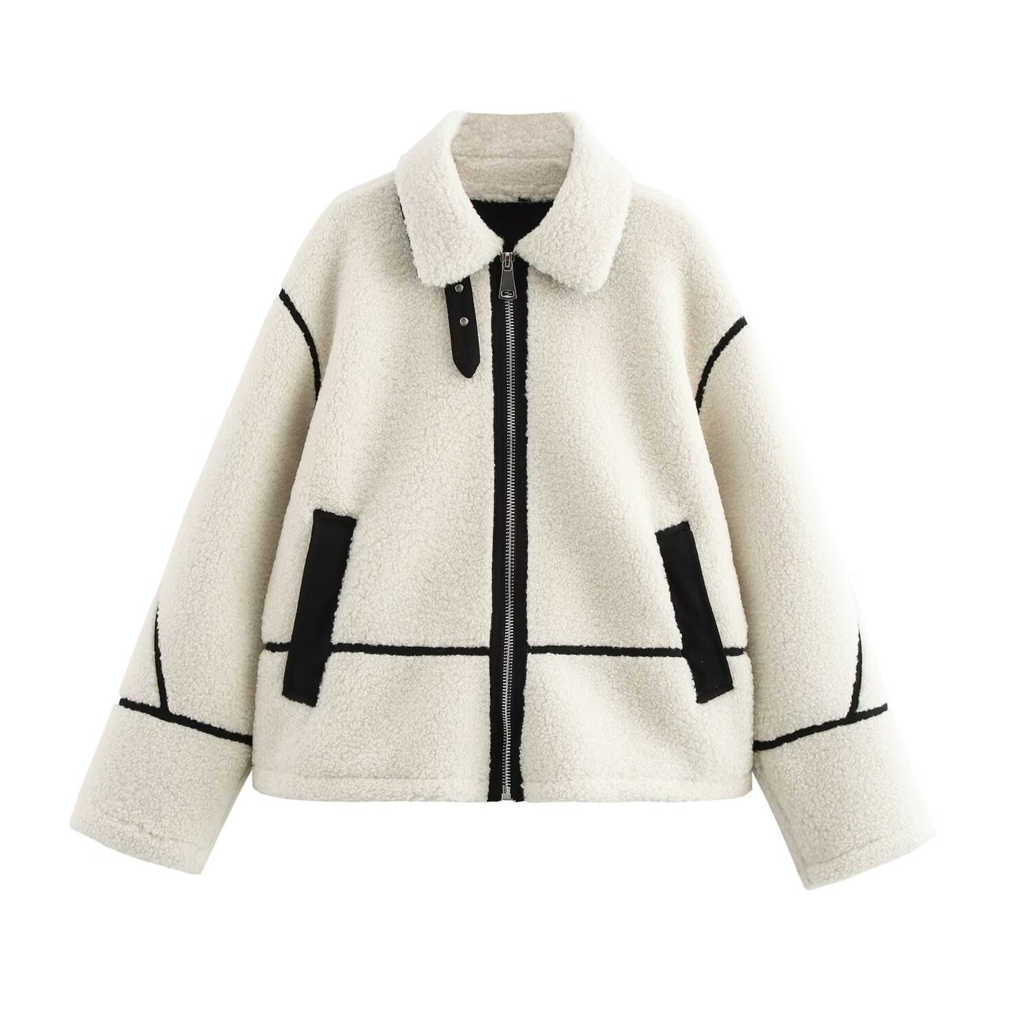 Women Winter Casual Lambswool Fleece Double Sided Long Sleeve Collared Jacket White1