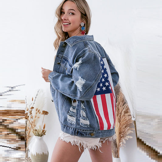 Spring Autumn Ripped Denim Coat Independence Day Printed Jacket Loose Top Women