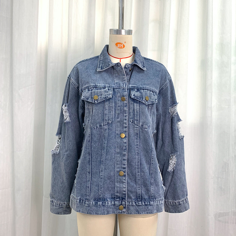 Spring Autumn Ripped Denim Coat Independence Day Printed Jacket Loose Top Women Light Blue Color