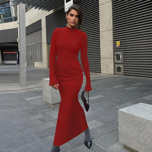 Women Clothing Autumn Winter Half High Collar Long Sleeves Back Slit Maxi Dress