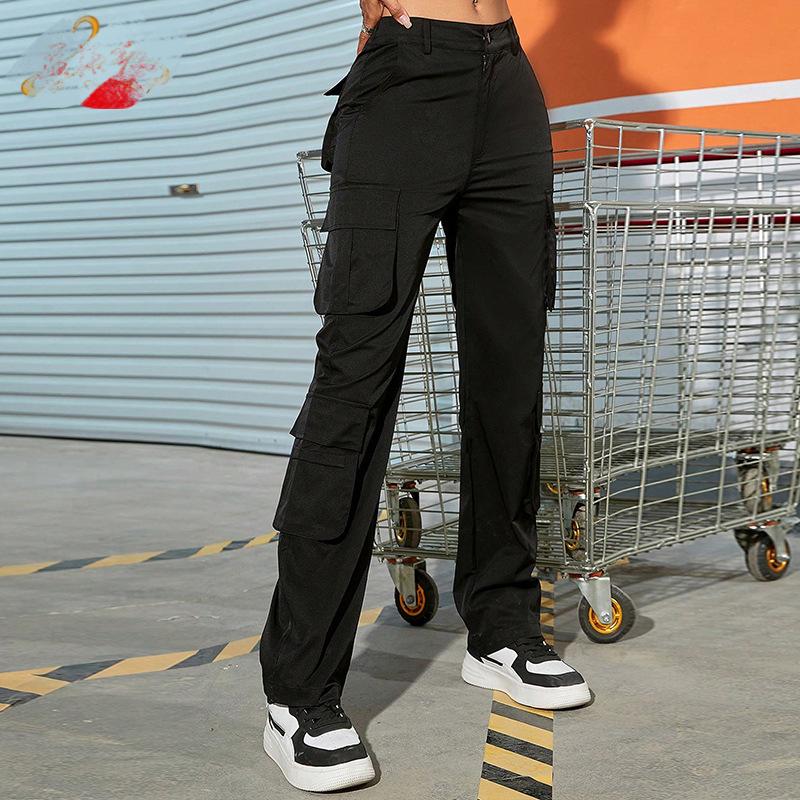 Fall Retro Multi Pocket Straight Cargo Pants Male Women Trendy Brand Loose Street Wide Legs Black