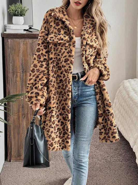 Leopard Print Double Sided Plush Casual Cardigan Mid Length Coat Women Dark Brown