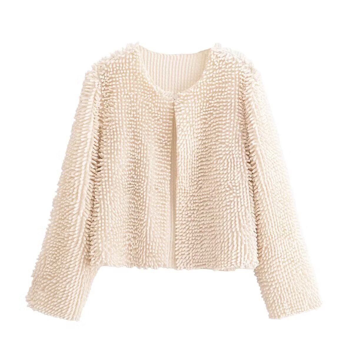 Women Artificial Fur Effect Collared Long Sleeve Coat Ivory