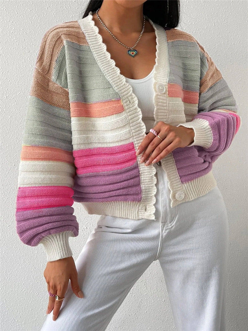 Knitted Cardigan Autumn Winter Color Matching Sweater Coat Women Rainbow Striped Lantern Sleeve