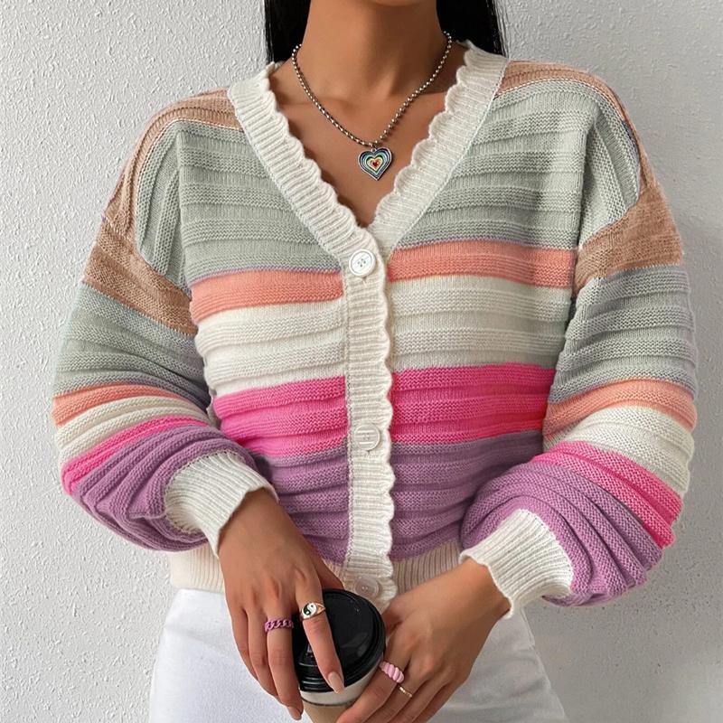 Knitted Cardigan Autumn Winter Color Matching Sweater Coat Women Rainbow Striped Lantern Sleeve