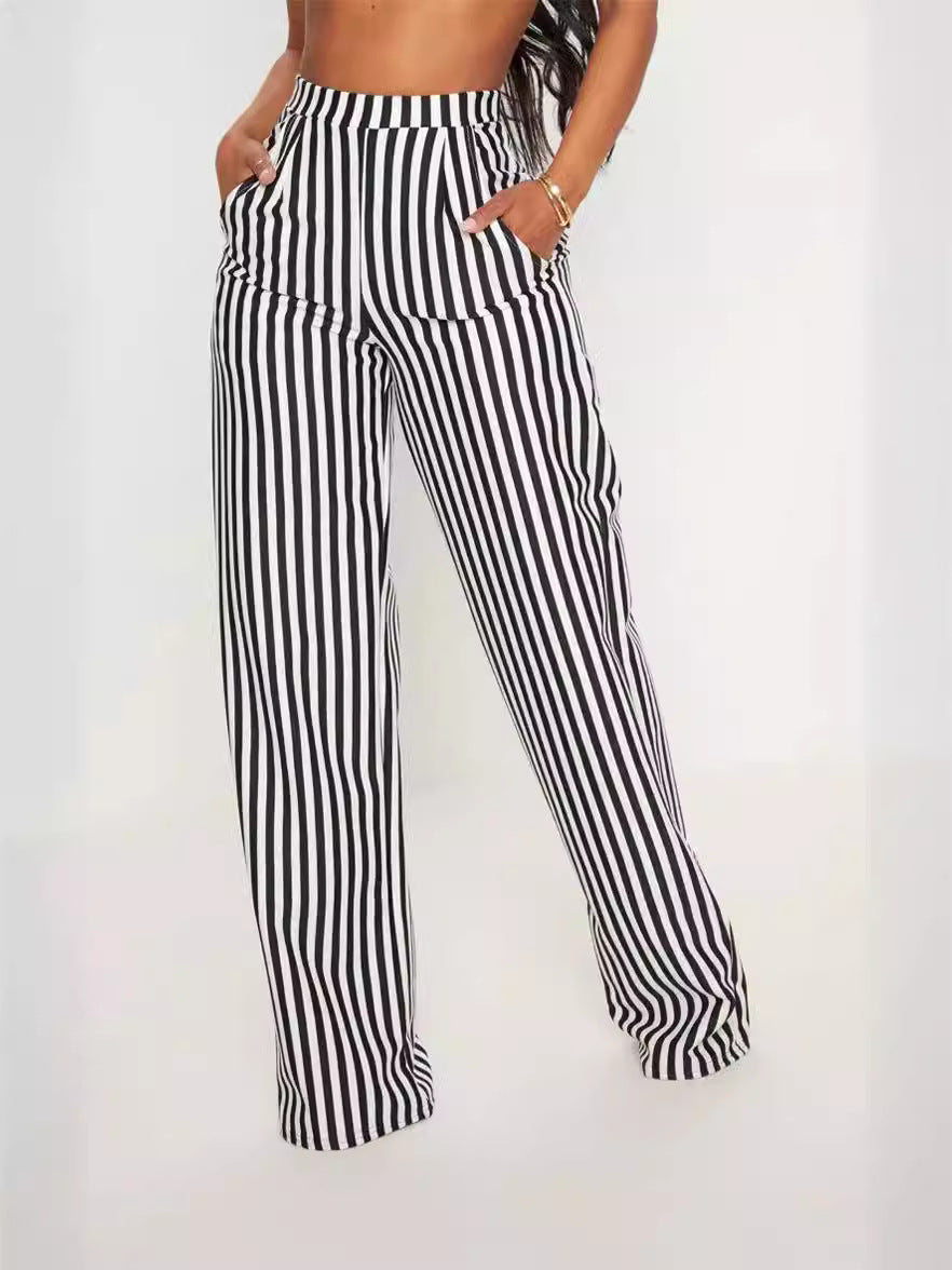 Women Clothing Black Striped Printed High Waist Straight Casual Wide Leg Pants