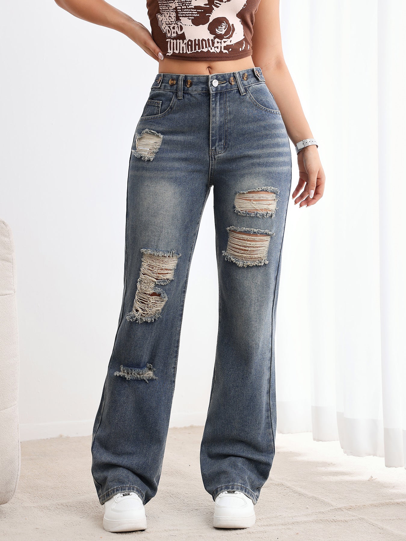 Blue Jeans Women High Waist Button Design Ripped Sense Straight Leg Pants