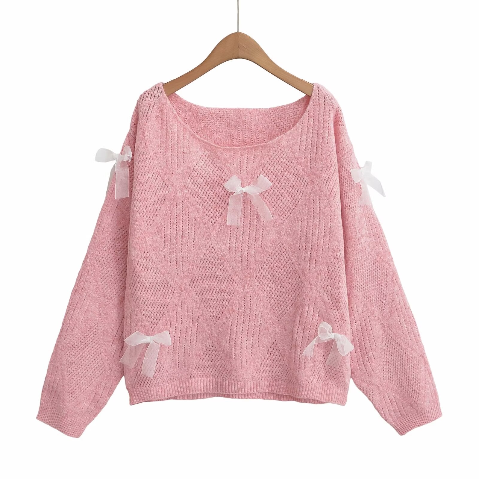 Winter Sweet Fresh round Neck Long Sleeve Bow Loose Sweater for Women One Size Pink