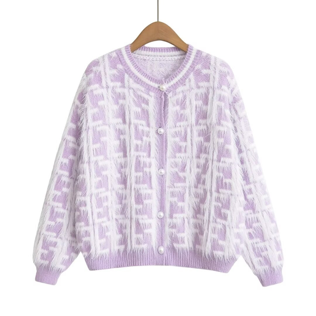 Autumn Women Clothing Casual Long Sleeve round Neck Single Breasted Mink Sweater Knitted One Size Lavender