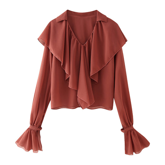 Fall Women Clothing Stylish Simple Ruffled Chiffon Long Sleeve Top