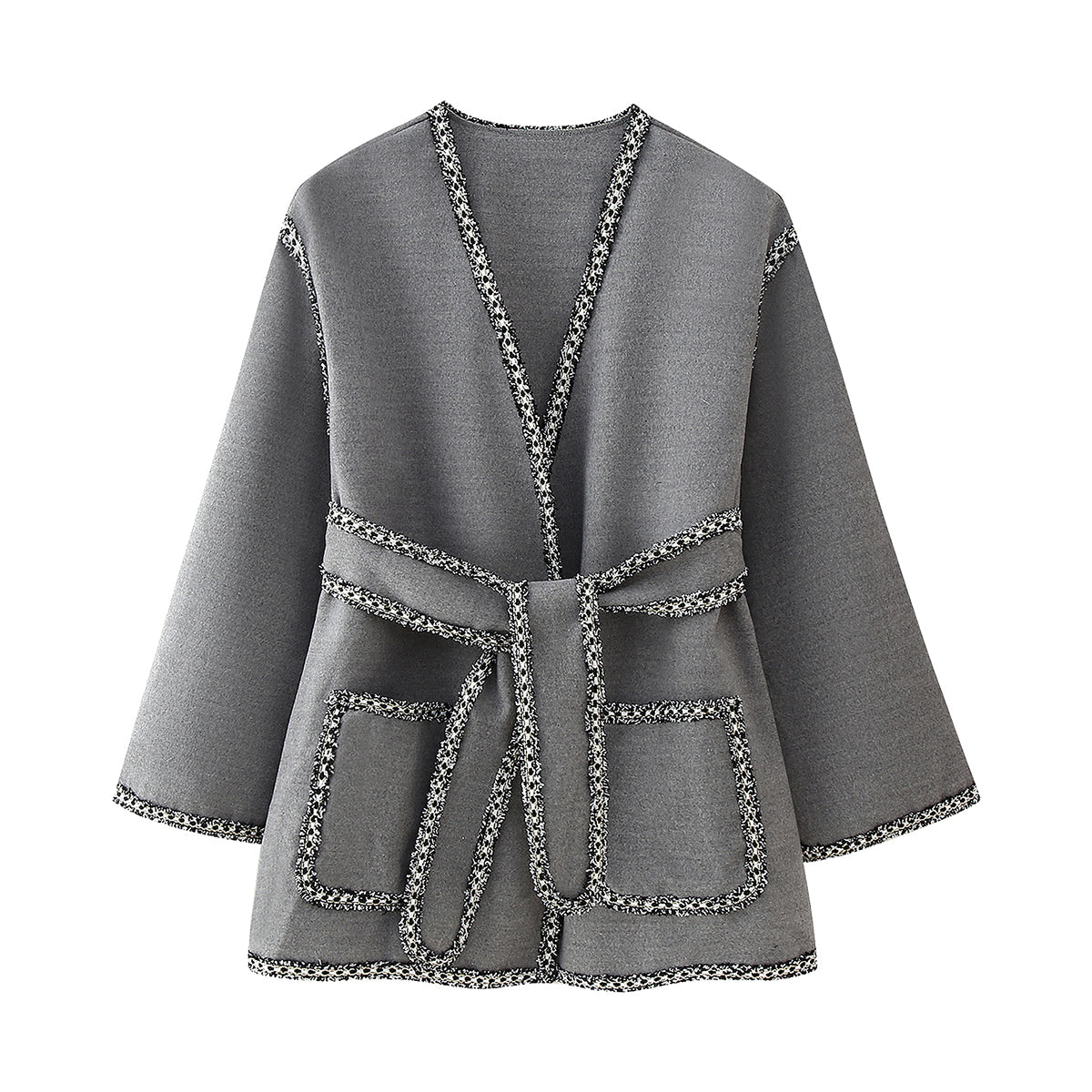 Autumn Women Elegant Tied Deep V Plunge neck Ribbon Pocket Decoration Reversible Woolen Coat Gray