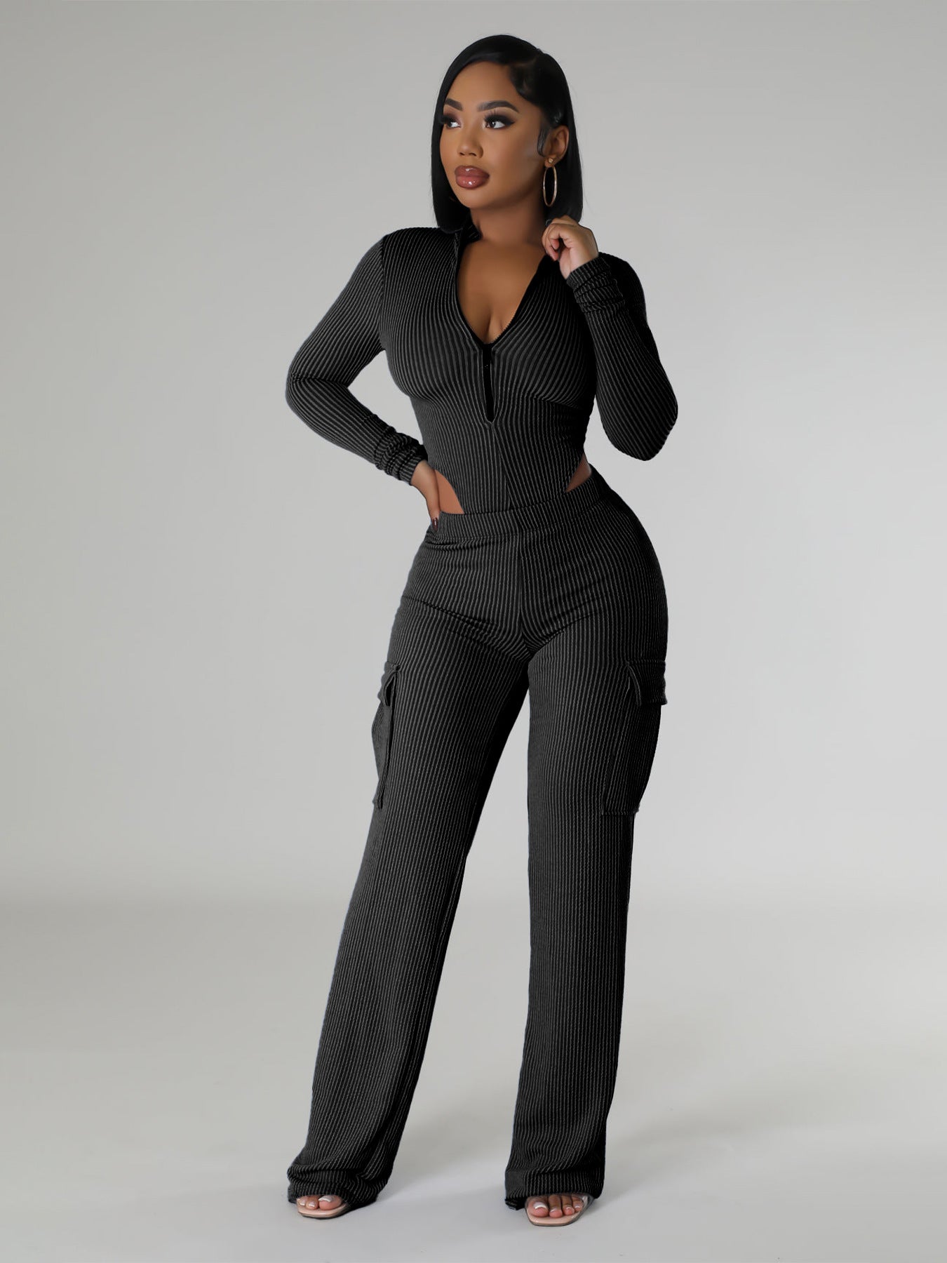 Women Clothing Autumn Winter Elastic Twist Strip High Waist Long Sleeves Jumpsuit Overalls Two Piece Sets