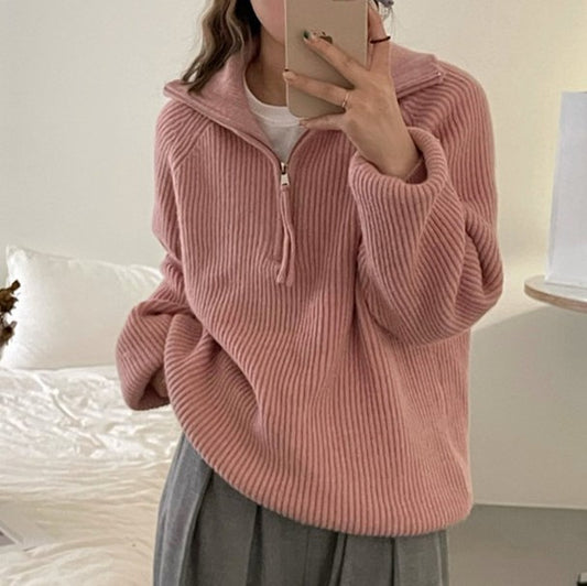 Sunken Stripe Half Zipper Sweater Women Design Stand Collar Soft Glutinous Loose Lazy Outerwear Sweater Top Women