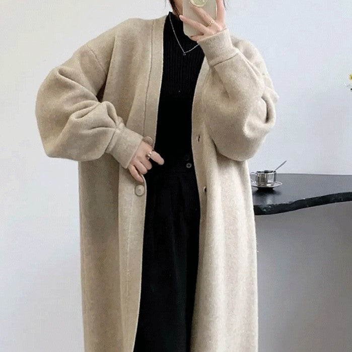 Autumn Winter Gentle Soft Glutinous Knitted Cardigan Women Clothes Solid Color Idle Loose Slimming Mid Length Overknee Coat