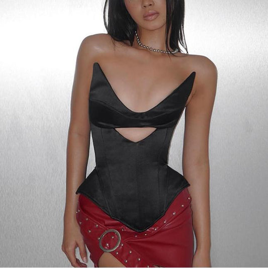 Deep V Plunge neck Backless Sexy Boning Corset Slim Fit Sexy Hollow Out Cutout out Tube Top