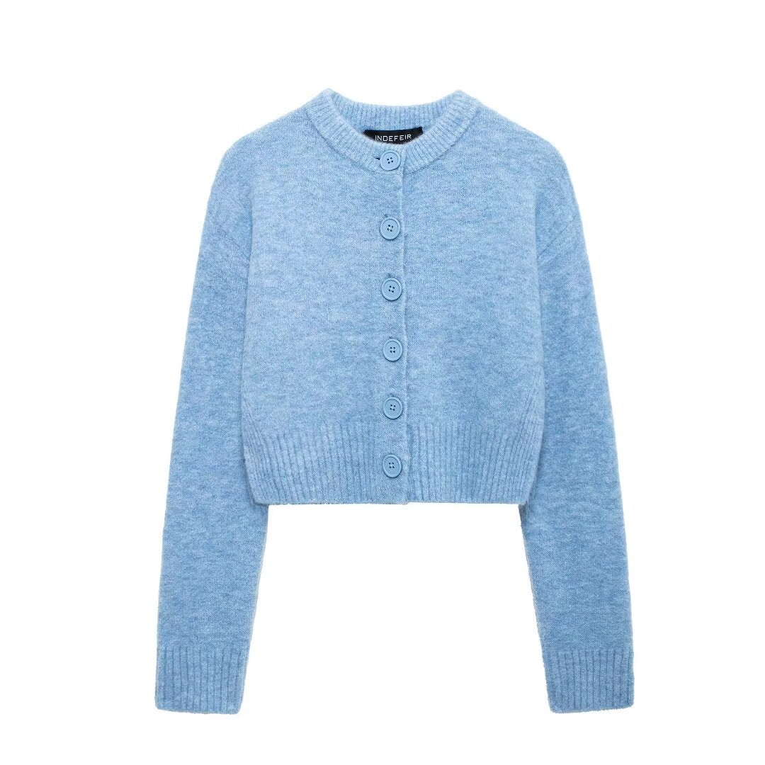 Fall Women Clothing Loose Fitting Casual round Neck Long Sleeve Short Soft Knitted Jacket Blue